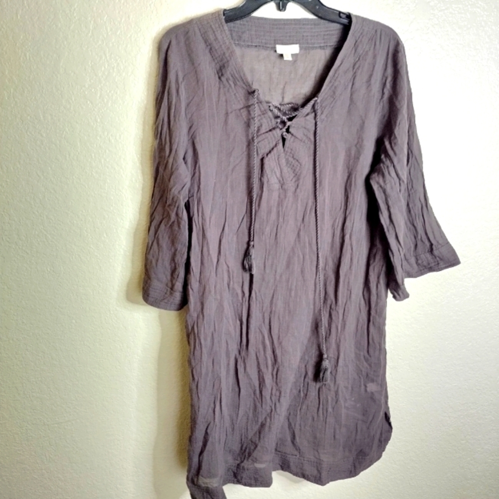Garnet Hill Gray Organic Cotton Bohemian Tassel Tie Front Tunic coverup Sz M